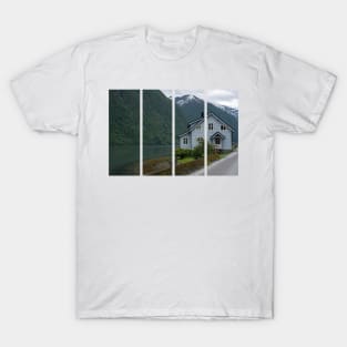 Wonderful landscapes in Norway. Innlandet. Beautiful scenery of Fjaerland village and the Fjaerlandsfjorden. Snowed mountains and waterfall. Cloudy day. T-Shirt